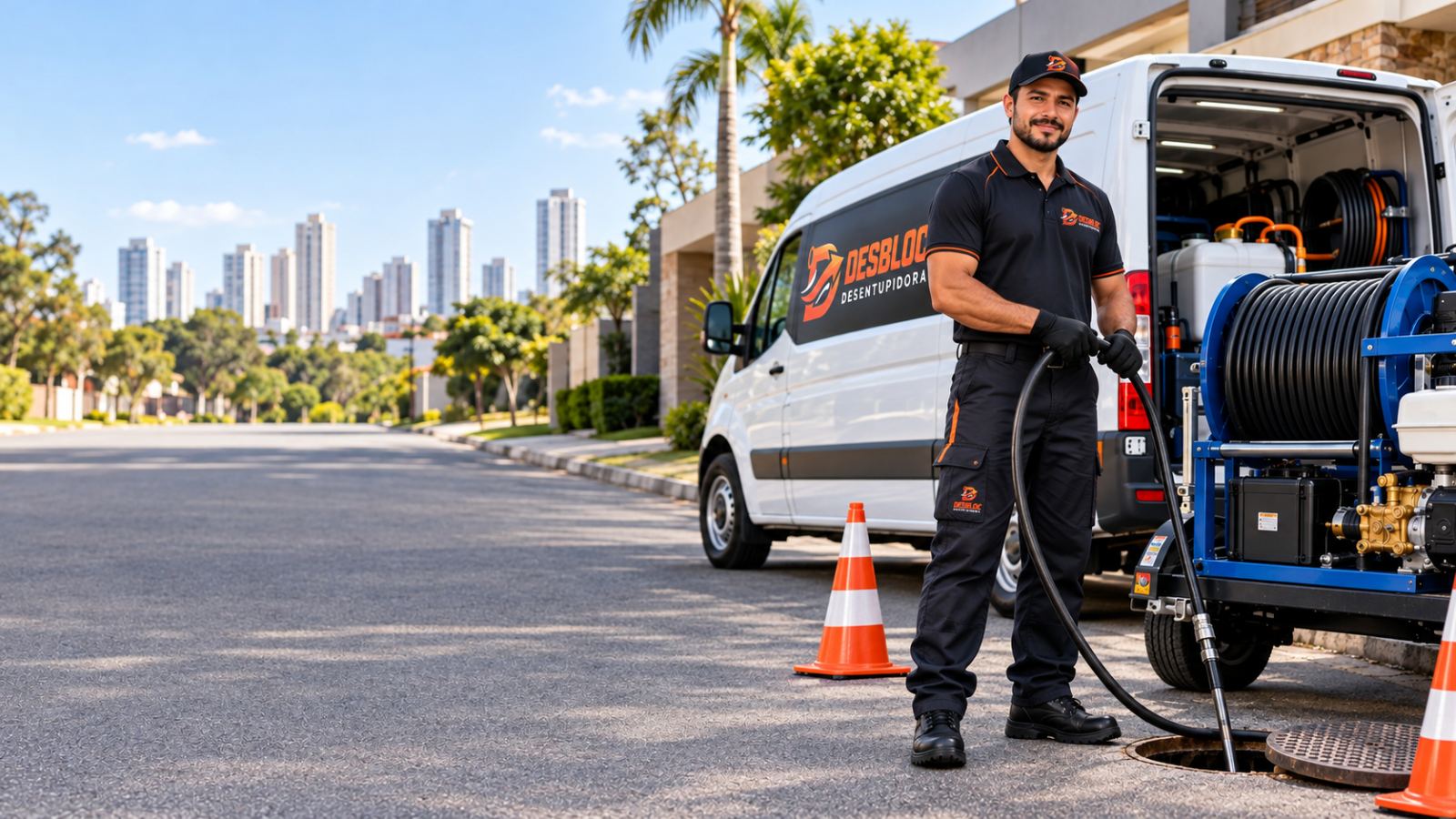 Técnico da DESBLOC com mangueira de hidrojateamento em bueiro na rua, ao lado da van com equipamento de desentupimento